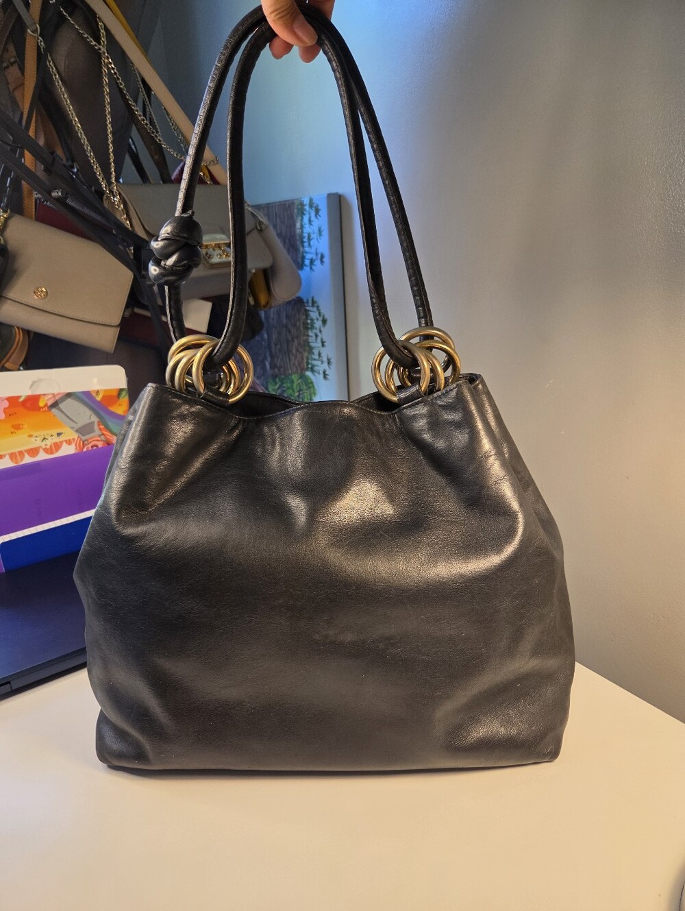 Bally Black Women’s Leather Tote Bag with Gold Ring Accents Large Vintage